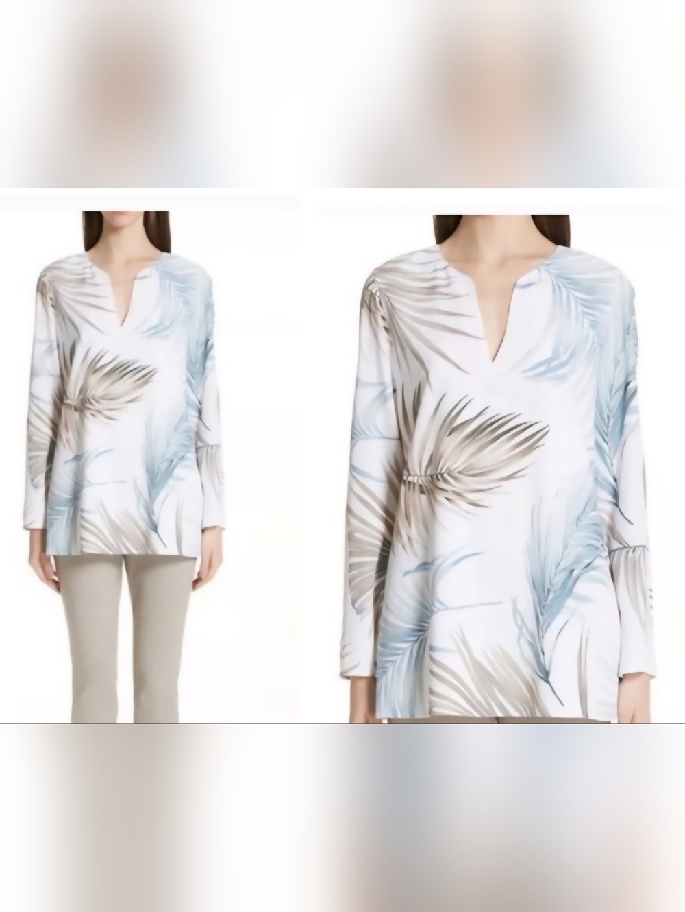 Lafayette 148 New York White V-Neck Tunic with Blue & Taupe Palm Print Medium